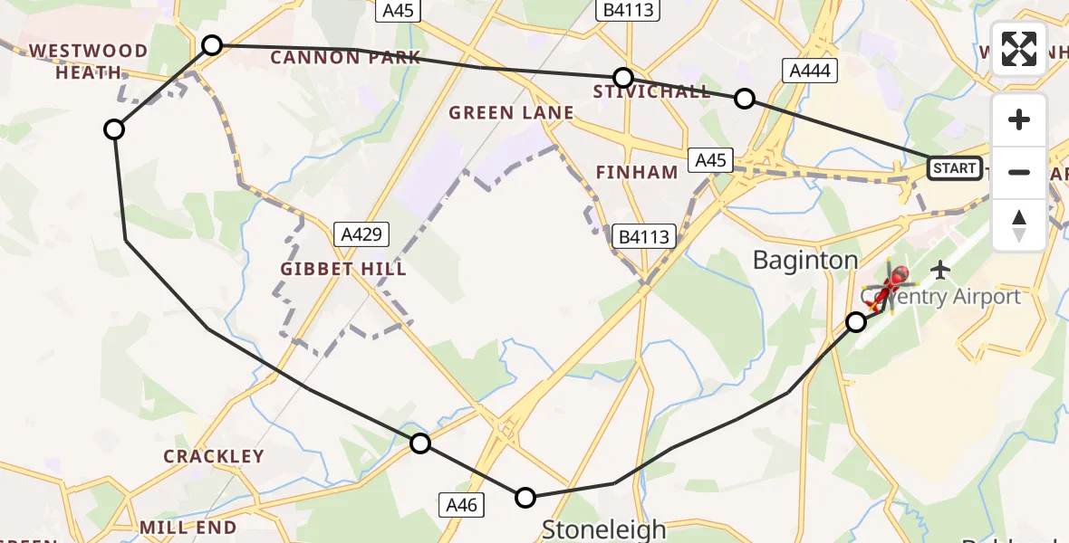 Flight route Air Ambulance Helicopter Coventry Airport - Coventry Airport, 18 July 2026, 10:27