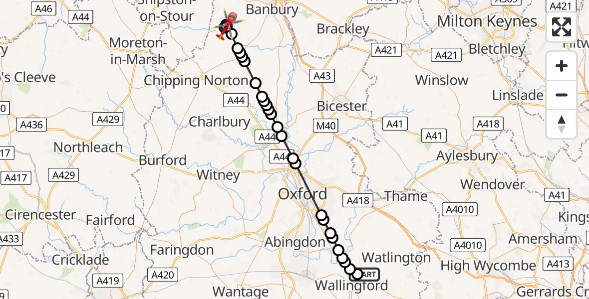 Flight route Air Ambulance Helicopter RAF Benson - Burdrop, 18 July 2026, 10:39