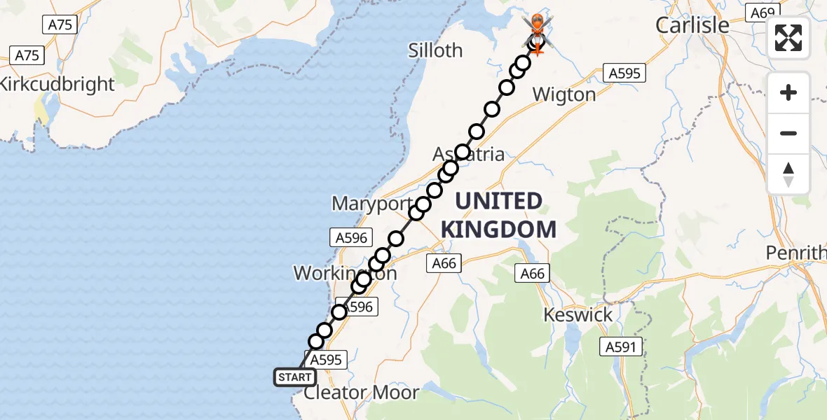 Flight route Coastguard Helicopter Whitehaven - Kirkbride Airfield, 18 July 2026, 10:39