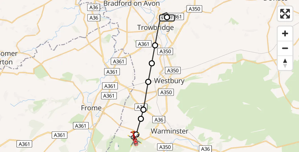 Flight route Air Ambulance Helicopter Hilperton - Corsley Heath, 18 July 2026, 10:48