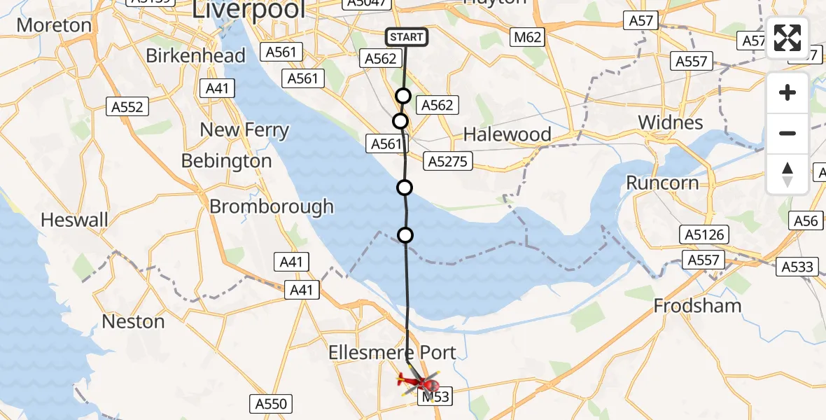 Flight route Air Ambulance Helicopter Childwall - Ellesmere Port, 18 July 2026, 11:05