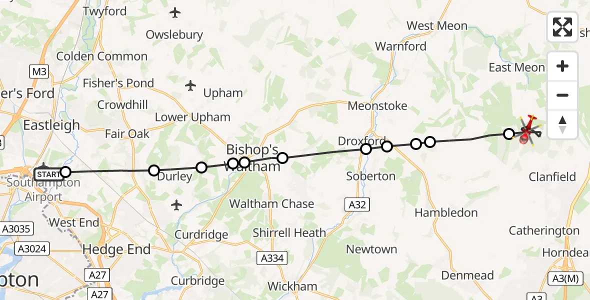 Flight route Air Ambulance Helicopter Southampton Airport - East Hampshire, 18 July 2026, 11:08