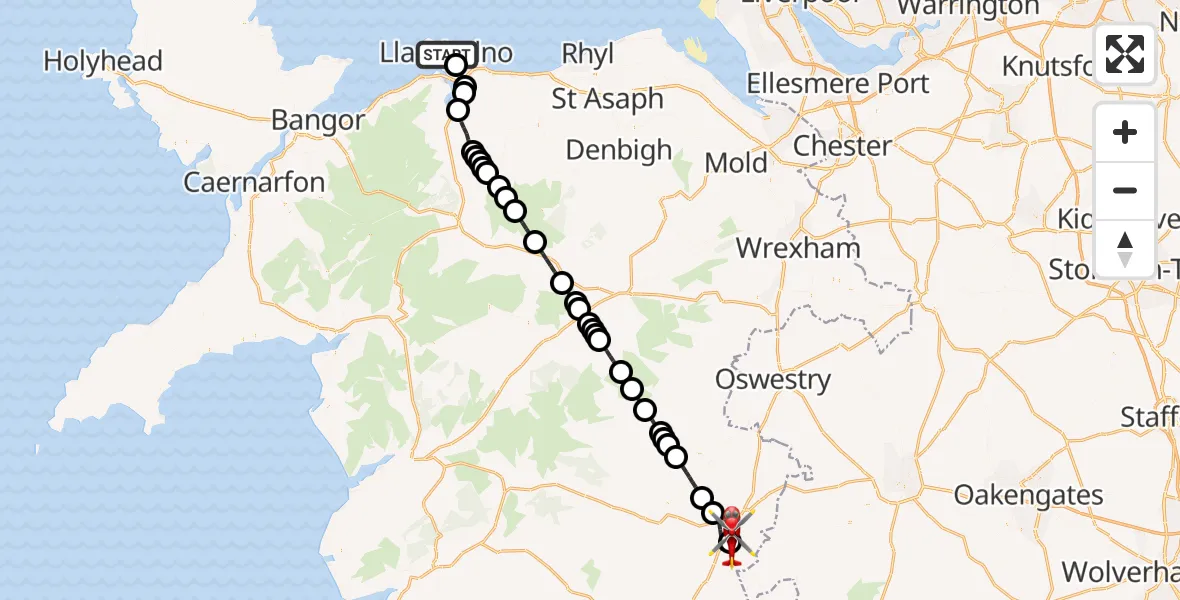 Flight route Air Ambulance Helicopter Llandudno - Welshpool Airport, 18 July 2026, 11:15