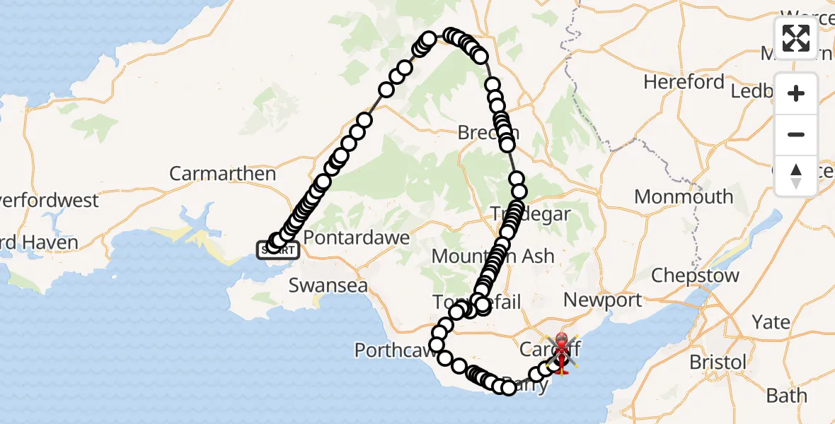 Flight route Air Ambulance Helicopter Dafen - Cardiff Heliport, 18 July 2026, 11:20