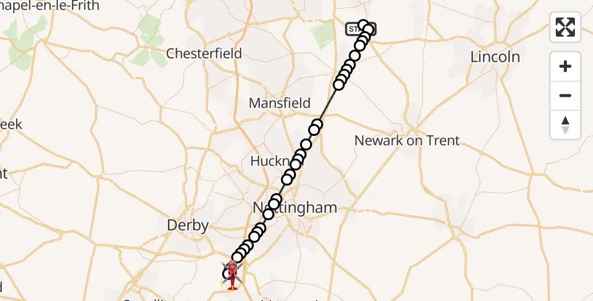 Flight route Air Ambulance Helicopter Retford Gamston Airport - East Midlands Airport, 18 July 2026, 11:26
