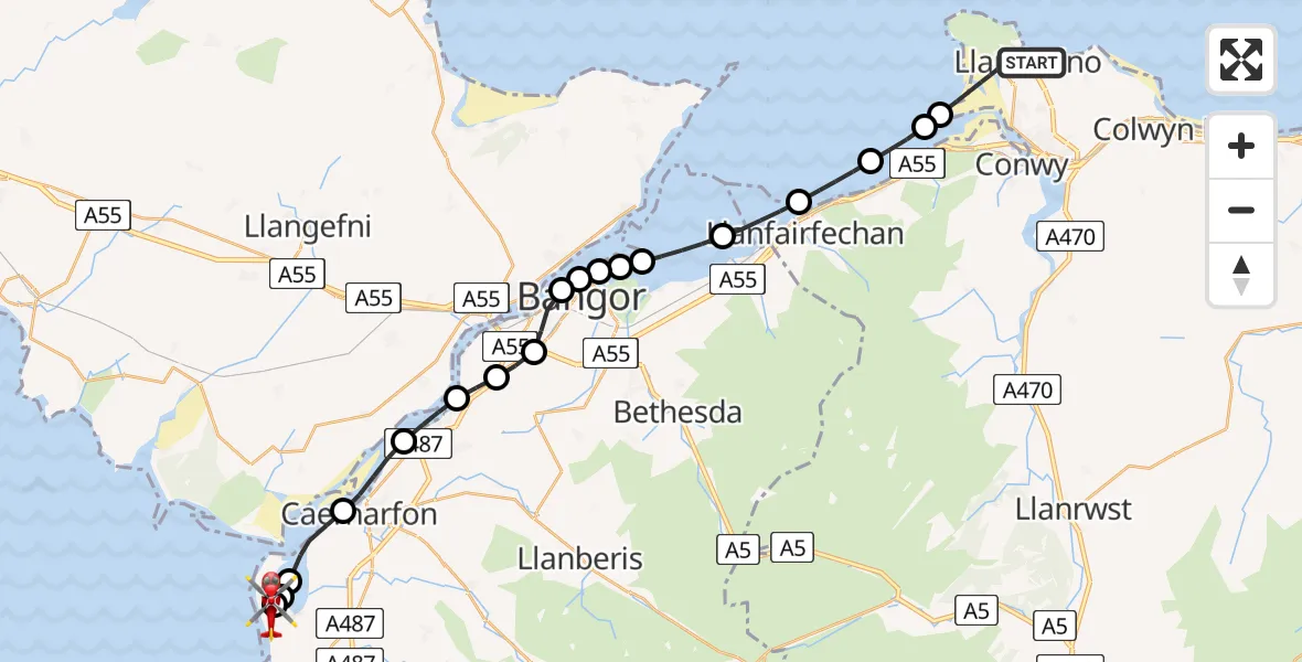 Flight route Air Ambulance Helicopter Llandudno - Caernarfon Airport, 18 July 2026, 11:27