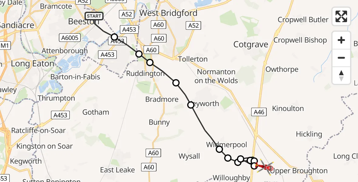 Flight route Air Ambulance Helicopter Beeston - Rushcliffe, 18 July 2026, 11:39