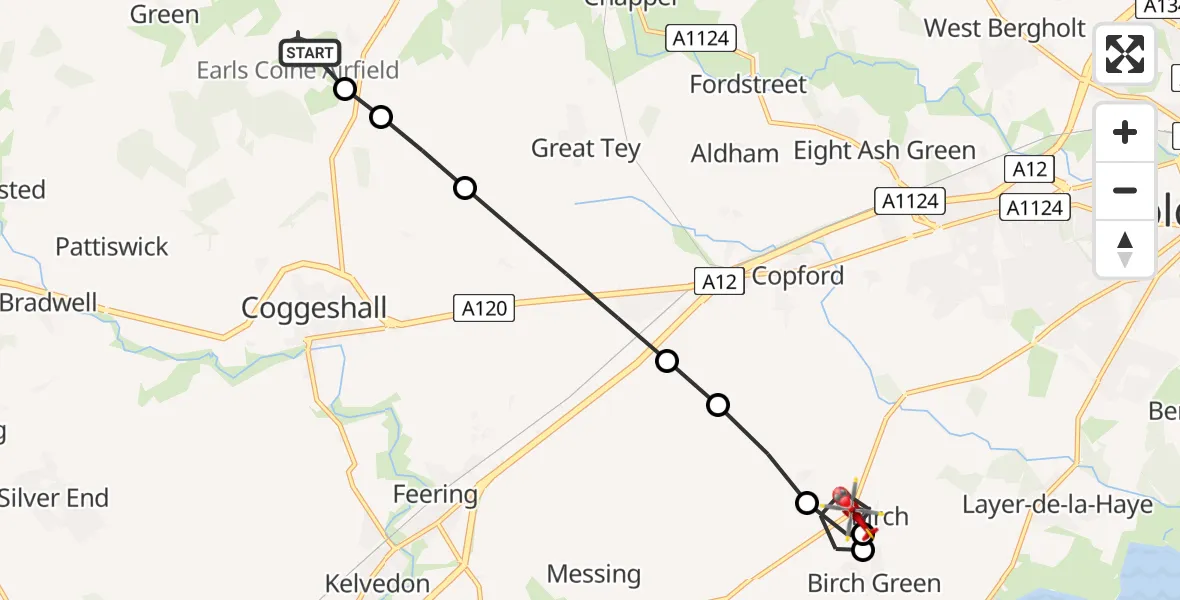Flight route Air Ambulance Helicopter Earls Colne Airfield - Birch, 18 July 2026, 11:43