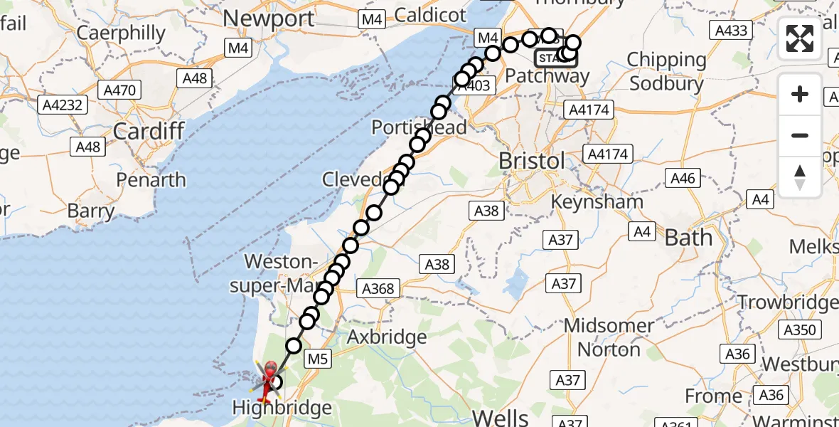 Flight route Air Ambulance Helicopter Almondsbury Helicopter Base - Burnham-on-Sea, 18 July 2026, 11:44