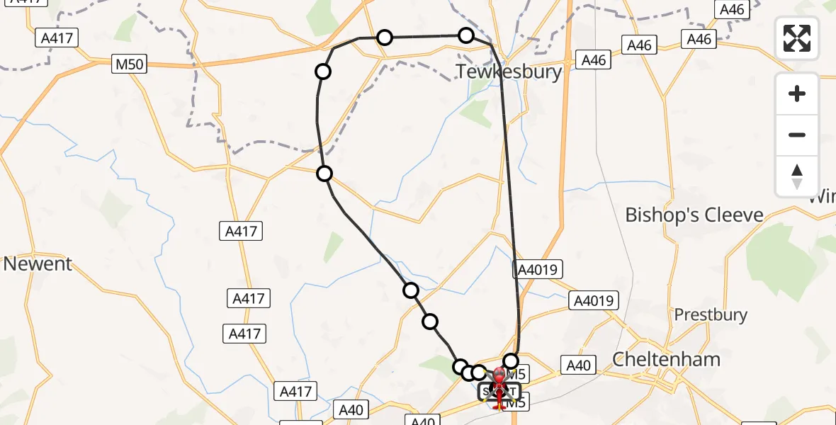 Flight route Air Ambulance Helicopter Gloucestershire Airport - Tewkesbury, 18 July 2026, 11:51