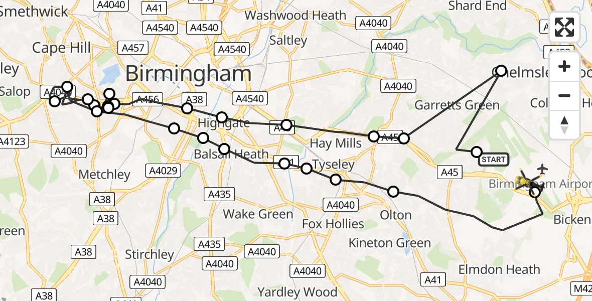 Flight route Police Helicopter Sheldon - Solihull, 18 July 2026, 12:00