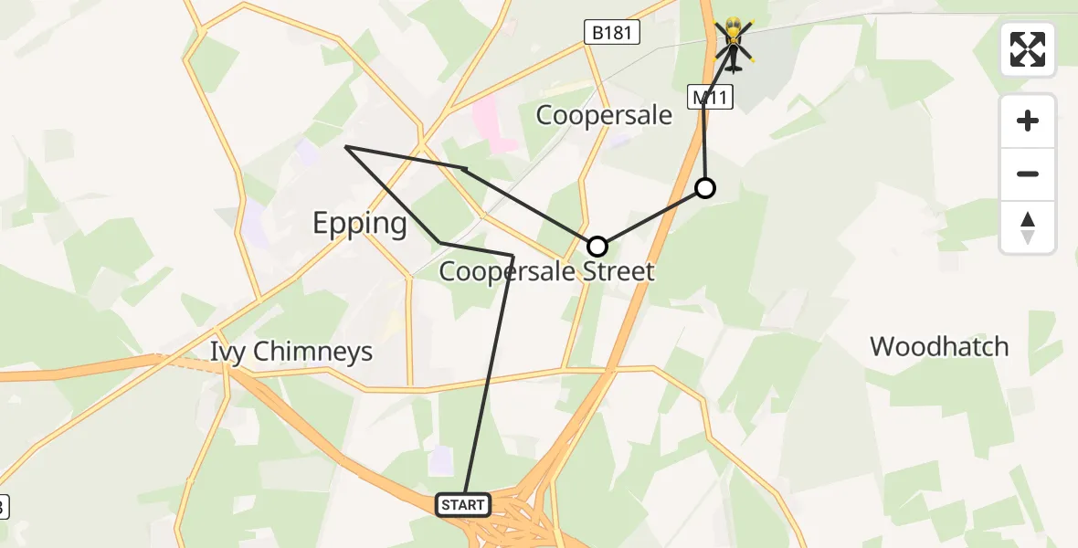 Flight route Police Helicopter Epping - Coopersale, 18 July 2026, 12:04