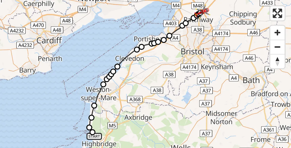 Flight route Air Ambulance Helicopter Burnham-on-Sea - Almondsbury Helicopter Base, 18 July 2026, 12:05
