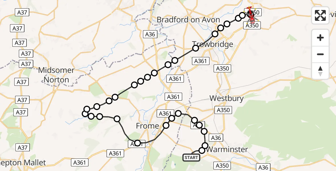 Flight route Air Ambulance Helicopter Corsley Heath - Wiltshire Air Ambulance, 18 July 2026, 12:08