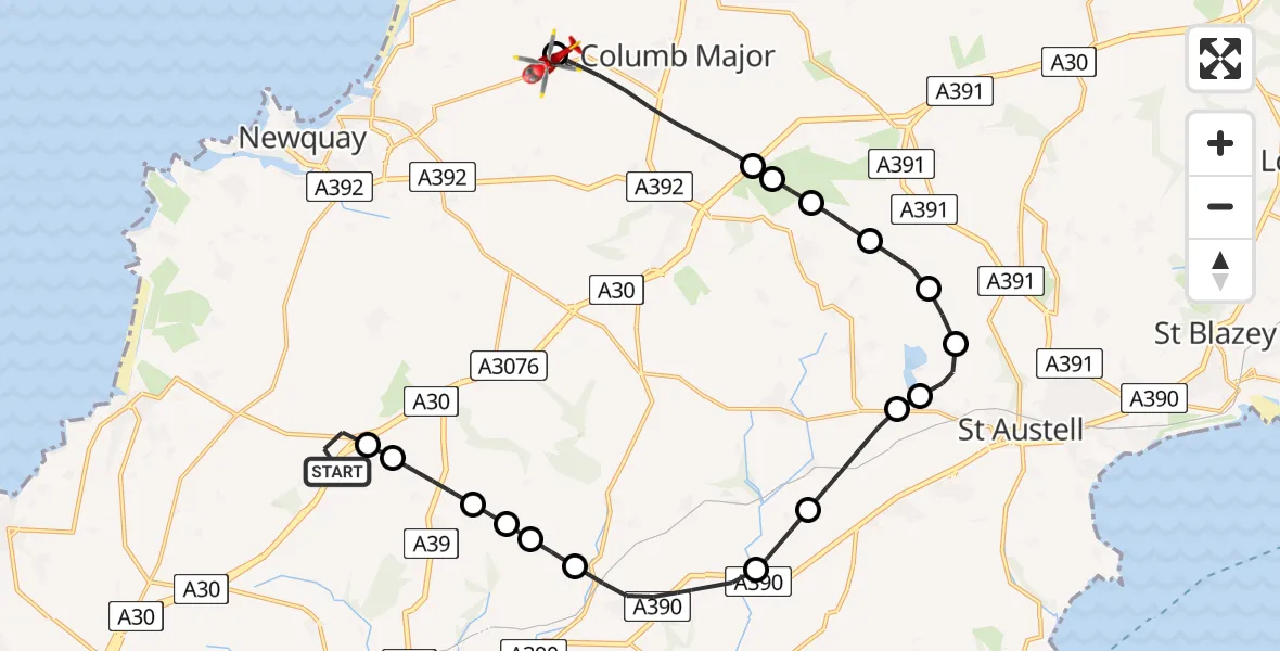 Flight route Air Ambulance Helicopter Zelah - Cornwall Airport Newquay, 18 July 2026, 12:15