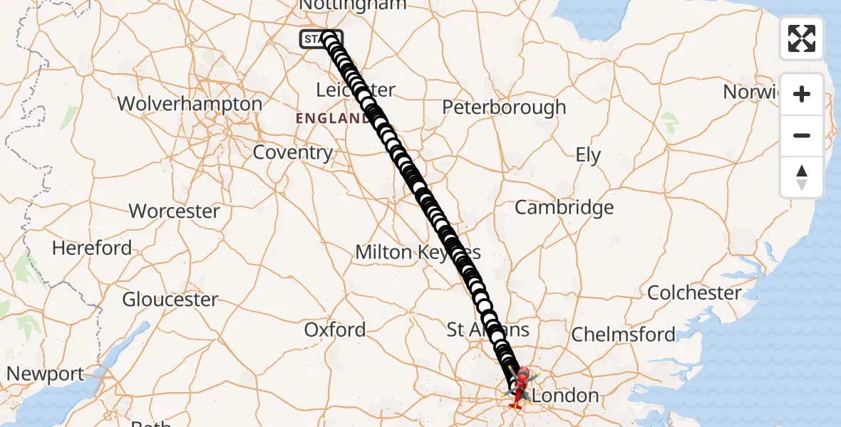 Flight route Air Ambulance Helicopter East Midlands Airport - City of Westminster, 18 July 2026, 12:20