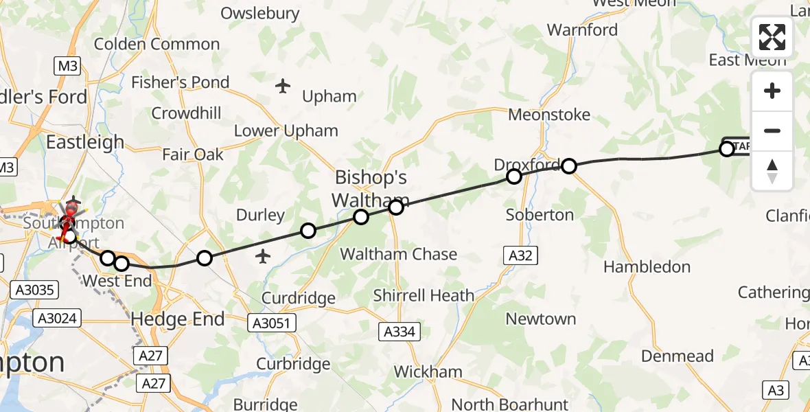 Flight route Air Ambulance Helicopter East Hampshire - Southampton Airport, 18 July 2026, 12:40