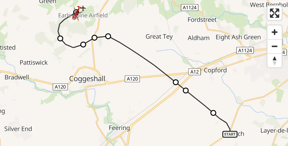 Flight route Air Ambulance Helicopter Birch - Earls Colne Airfield, 18 July 2026, 12:40