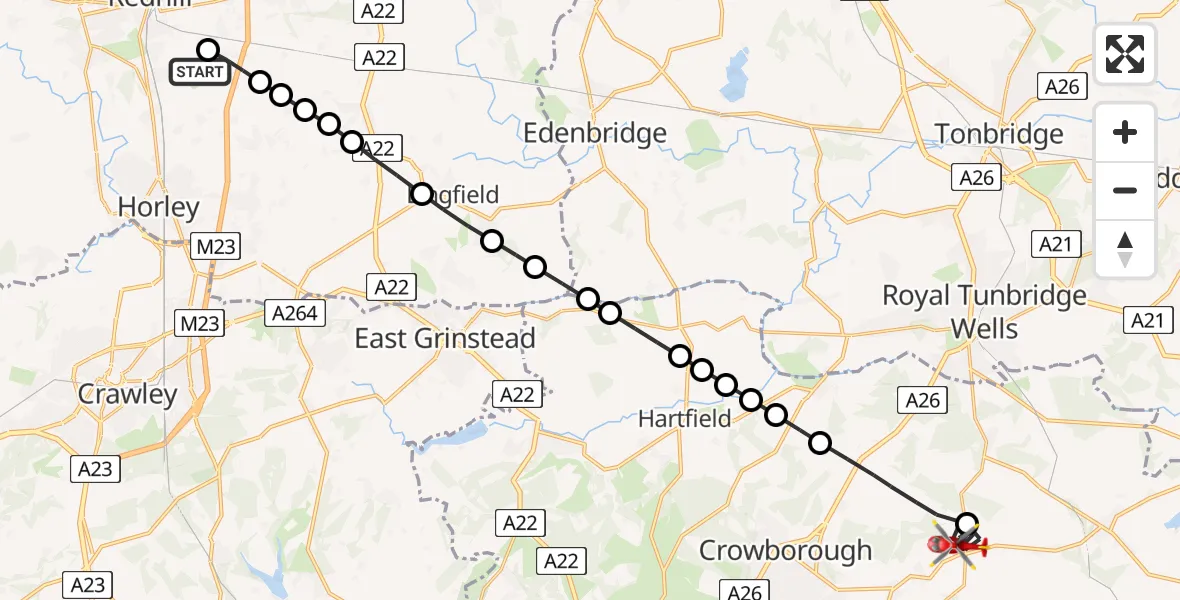 Flight route Air Ambulance Helicopter Redhill Aerodrome - Mark Cross, 18 July 2026, 12:47