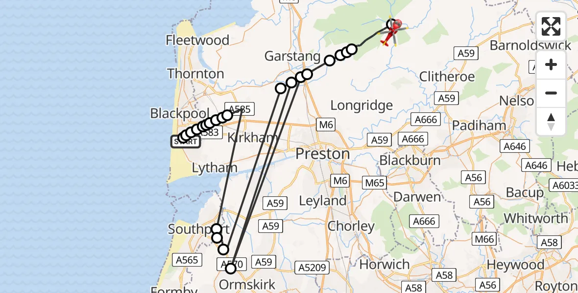 Flight route Air Ambulance Helicopter Blackpool Airport - Dunsop Bridge, 18 July 2026, 13:07