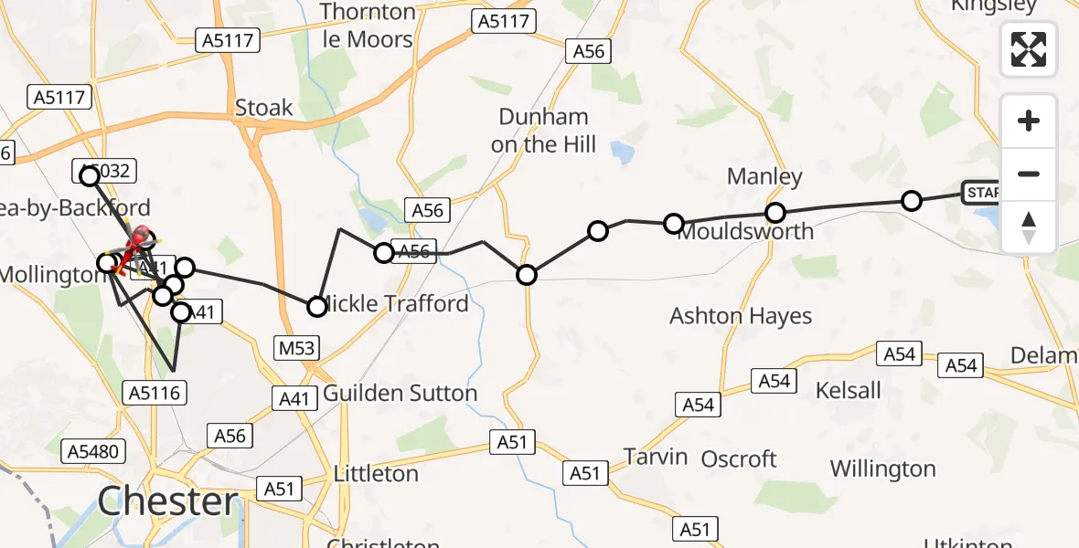 Flight route Air Ambulance Helicopter Delamere and Oakmere - Moston, 18 July 2026, 13:12