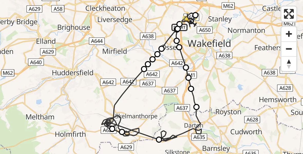 Flight route Police Helicopter Woodkirk - East Ardsley, 18 July 2026, 13:23