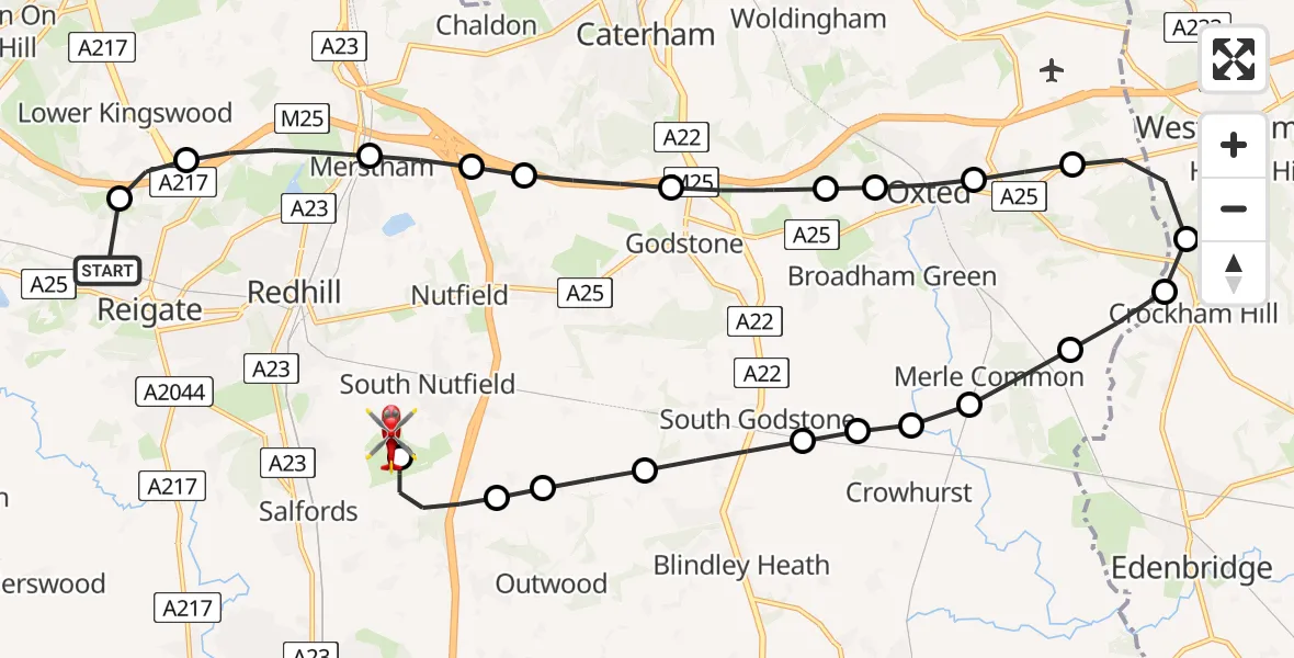 Flight route Air Ambulance Helicopter Reigate - Redhill Aerodrome, 18 July 2026, 13:44