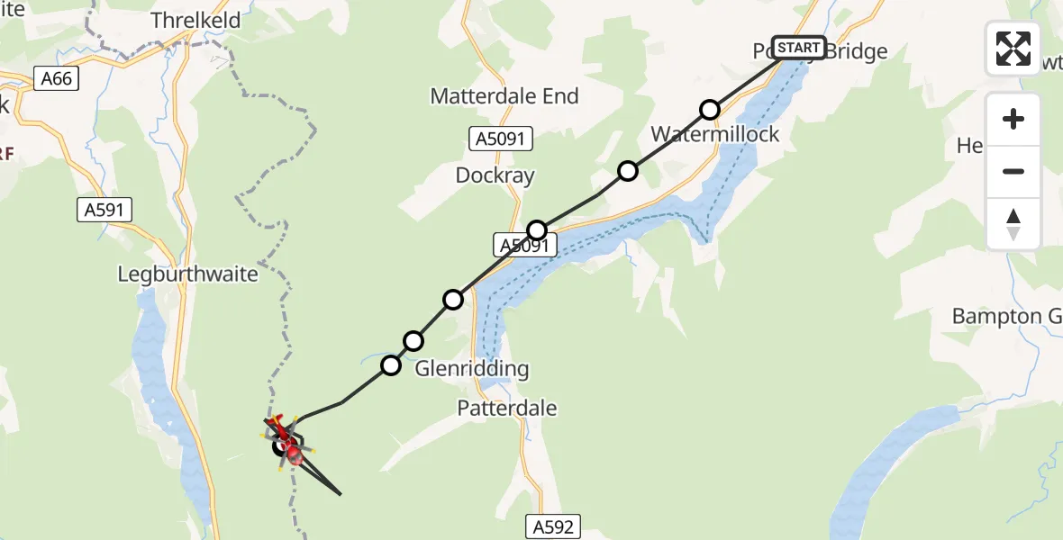 Flight route Air Ambulance Helicopter Dacre - Patterdale, 18 July 2026, 13:43