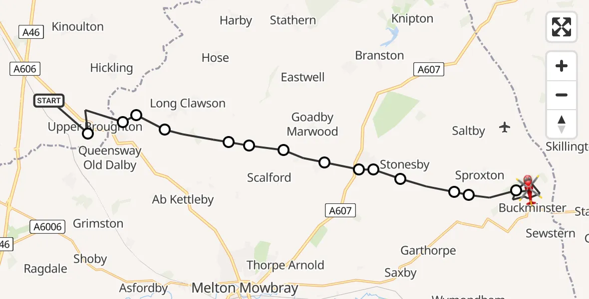 Flight route Air Ambulance Helicopter Hickling - Buckminster, 18 July 2026, 13:53