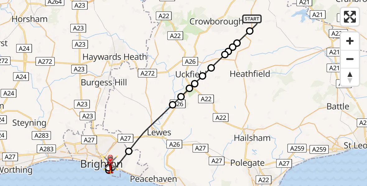 Flight route Air Ambulance Helicopter Mark Cross - Brighton, 18 July 2026, 14:01