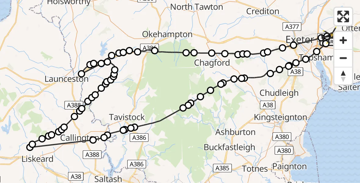 Flight route Police Helicopter Clyst Honiton - Exeter International Airport, 18 July 2026, 14:01