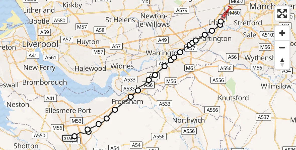 Flight route Air Ambulance Helicopter Moston - Irlam, 18 July 2026, 14:06
