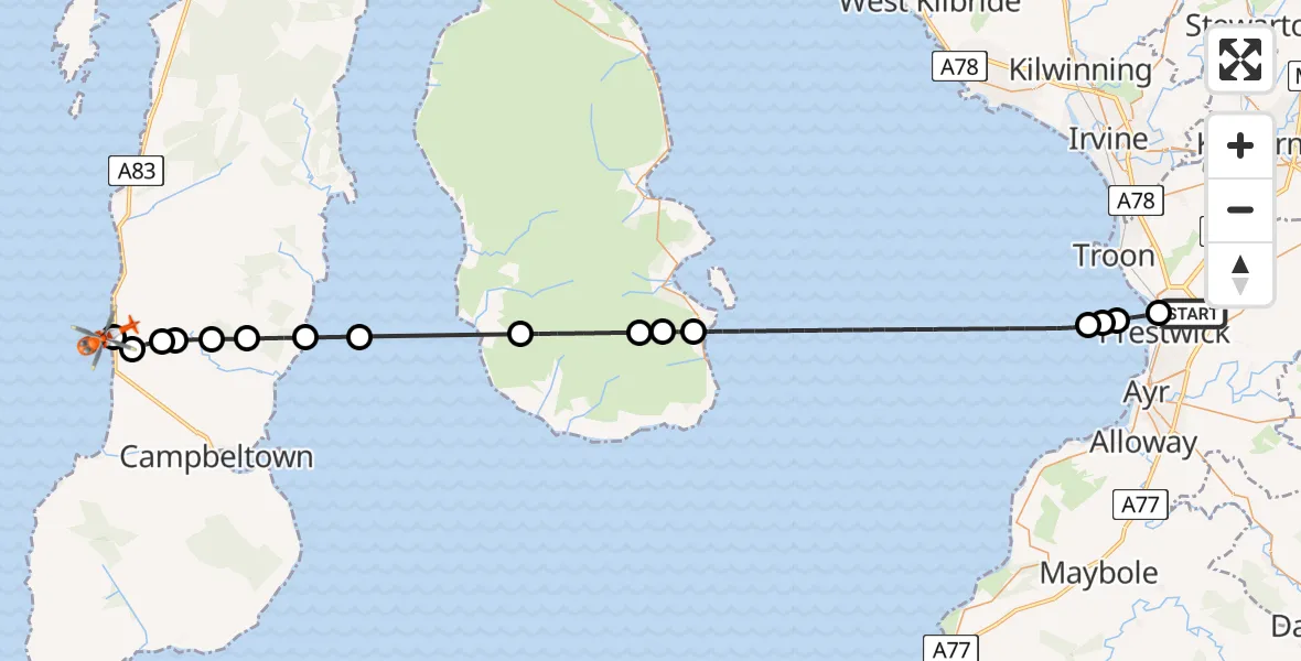 Flight route Coastguard Helicopter Glasgow Prestwick Airport - Kilchenzie, 18 July 2026, 14:09