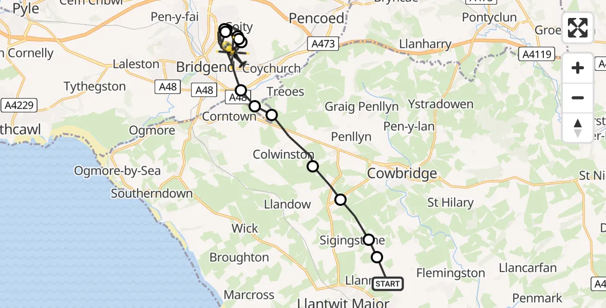 Flight route Police Helicopter Boverton - Bridgend, 18 July 2026, 14:09