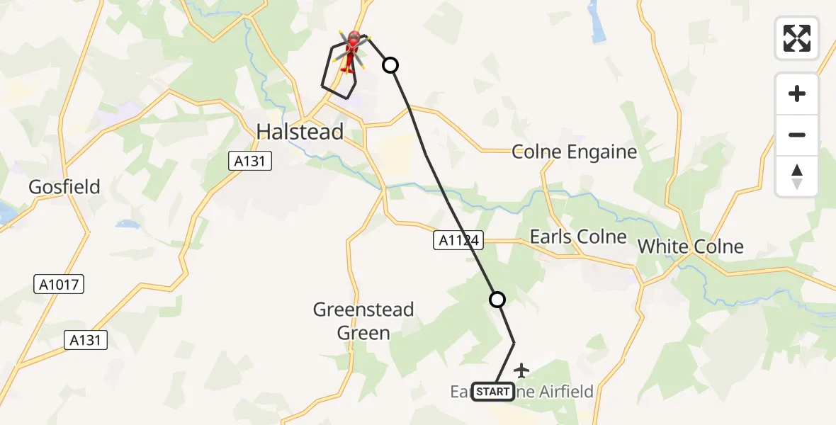 Flight route Air Ambulance Helicopter Earls Colne Airfield - Halstead, 18 July 2026, 14:19
