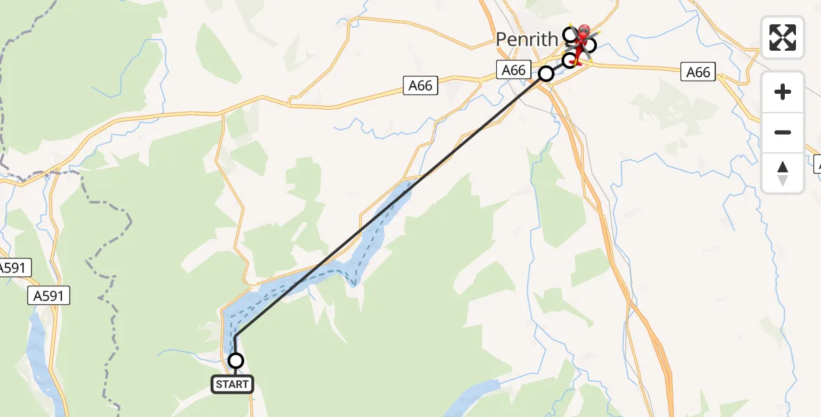 Flight route Air Ambulance Helicopter Glenridding - Penrith, 18 July 2026, 14:19