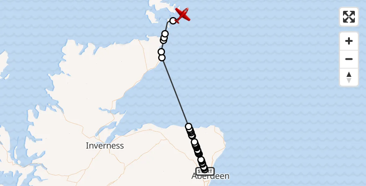 Flight route Air Ambulance Aircraft Aberdeen International Airport - North Sea, 18 July 2026, 14:31