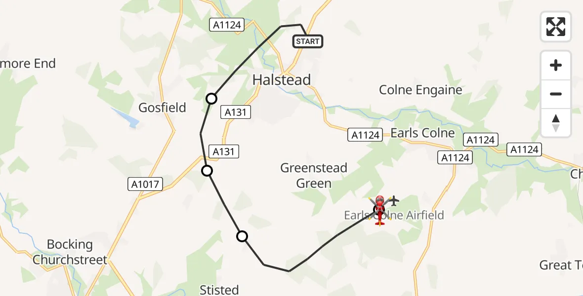 Flight route Air Ambulance Helicopter Halstead - Earls Colne Airfield, 18 July 2026, 14:35