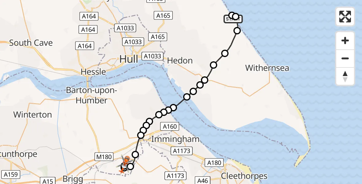 Flight route Coastguard Helicopter East Garton - Humberside Airport, 18 July 2026, 14:47