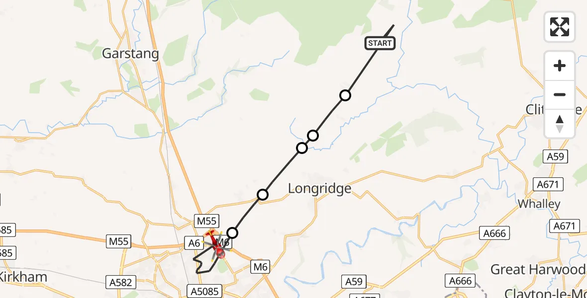 Flight route Air Ambulance Helicopter Ribble Valley - Broughton, 18 July 2026, 14:47