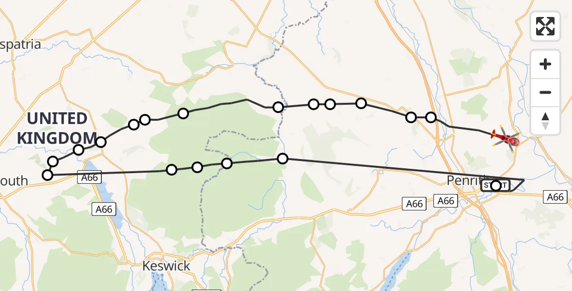 Flight route Air Ambulance Helicopter Penrith - Langwathby, 18 July 2026, 14:48
