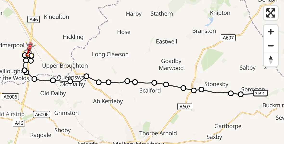 Flight route Air Ambulance Helicopter Sproxton - Nottingham Heliport, 18 July 2026, 14:49