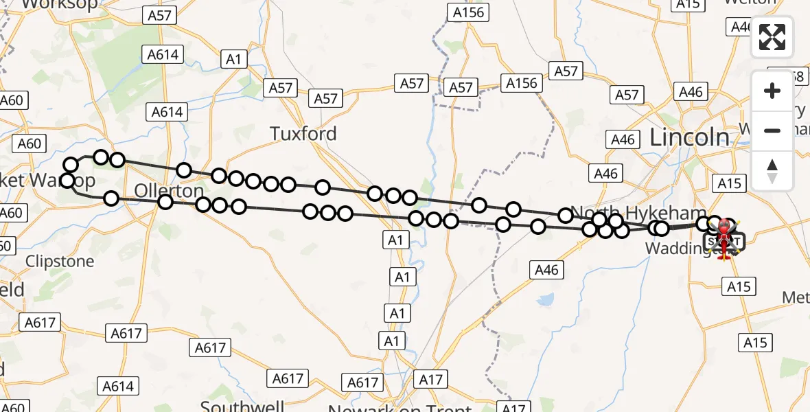 Flight route Air Ambulance Helicopter RAF Waddington - North Kesteven, 18 July 2026, 14:52