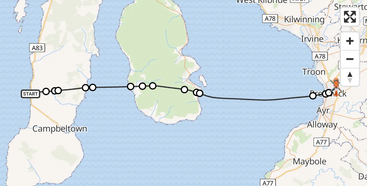 Flight route Coastguard Helicopter Kilchenzie - Glasgow Prestwick Airport, 18 July 2026, 14:59