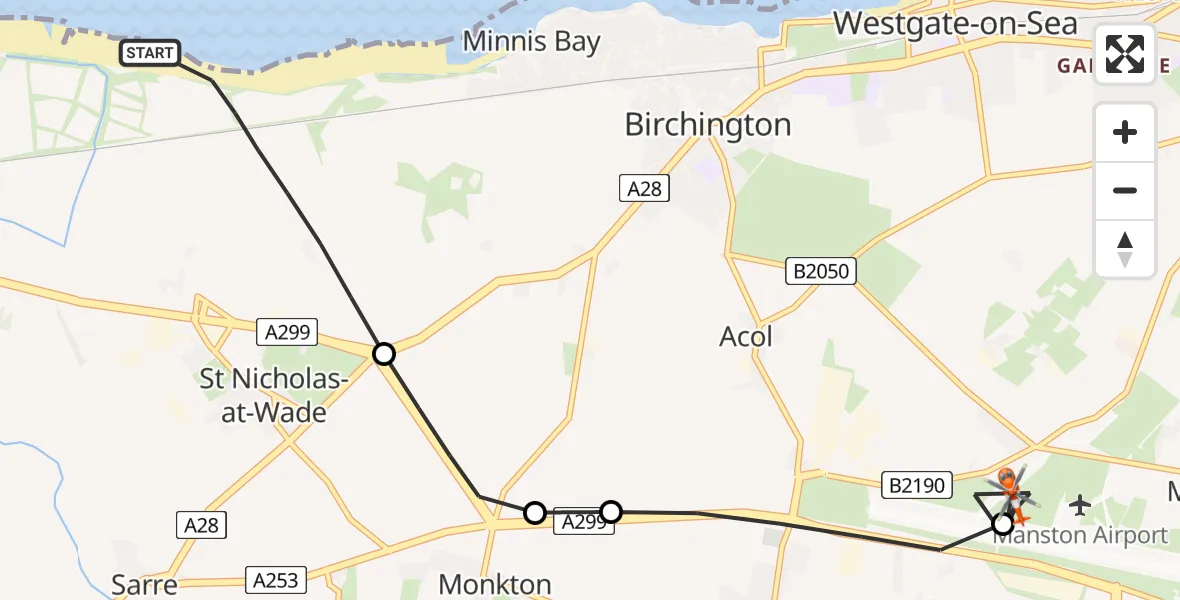 Flight route Coastguard Helicopter St Nicholas-at-Wade - Manston Airport, 18 July 2026, 15:06