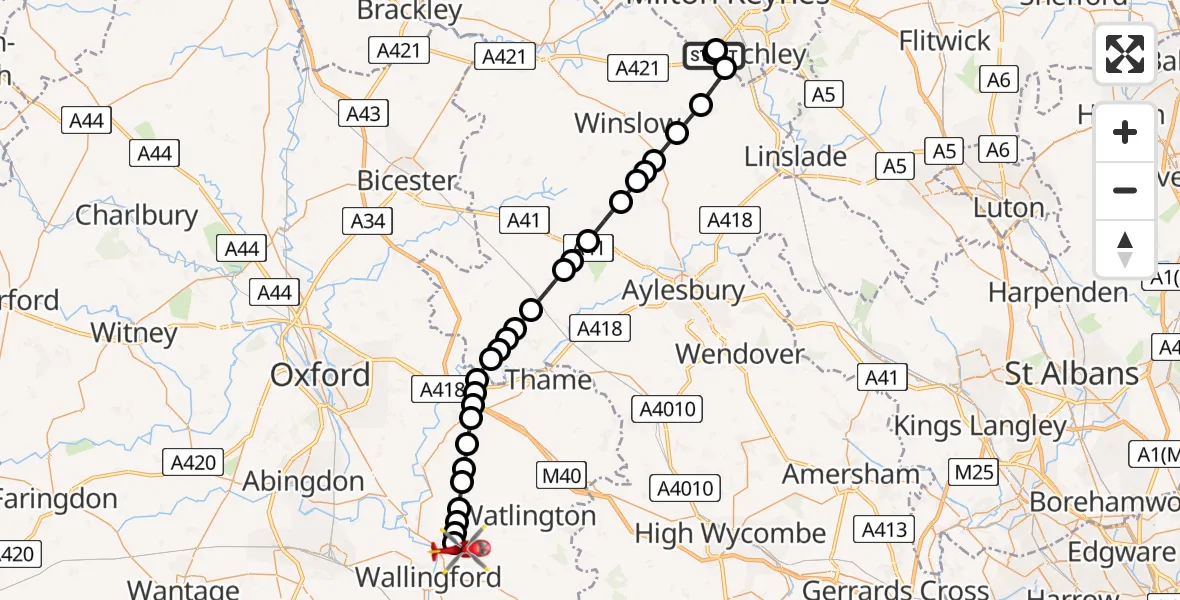 Flight route Air Ambulance Helicopter Bletchley - RAF Benson, 18 July 2026, 15:07
