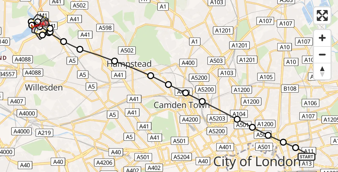 Flight route Air Ambulance Helicopter Royal London Hospital - West Hendon, 18 July 2026, 15:18