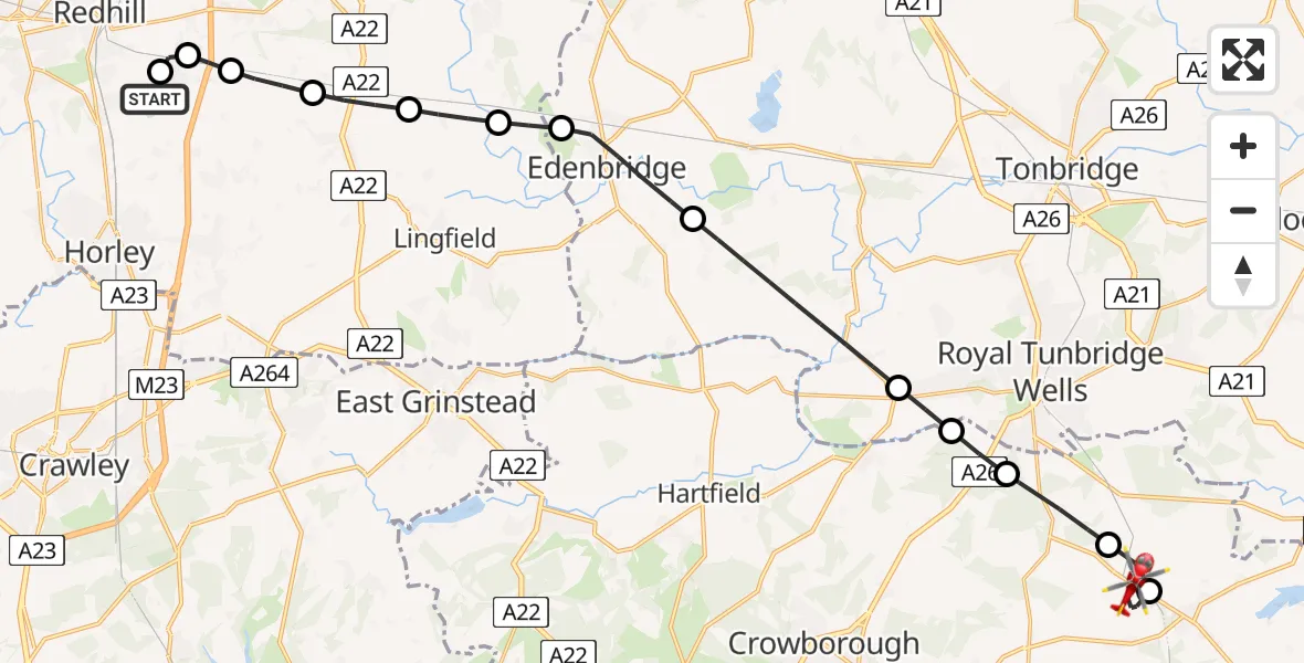 Flight route Air Ambulance Helicopter Redhill Aerodrome - Durgates, 18 July 2026, 15:22