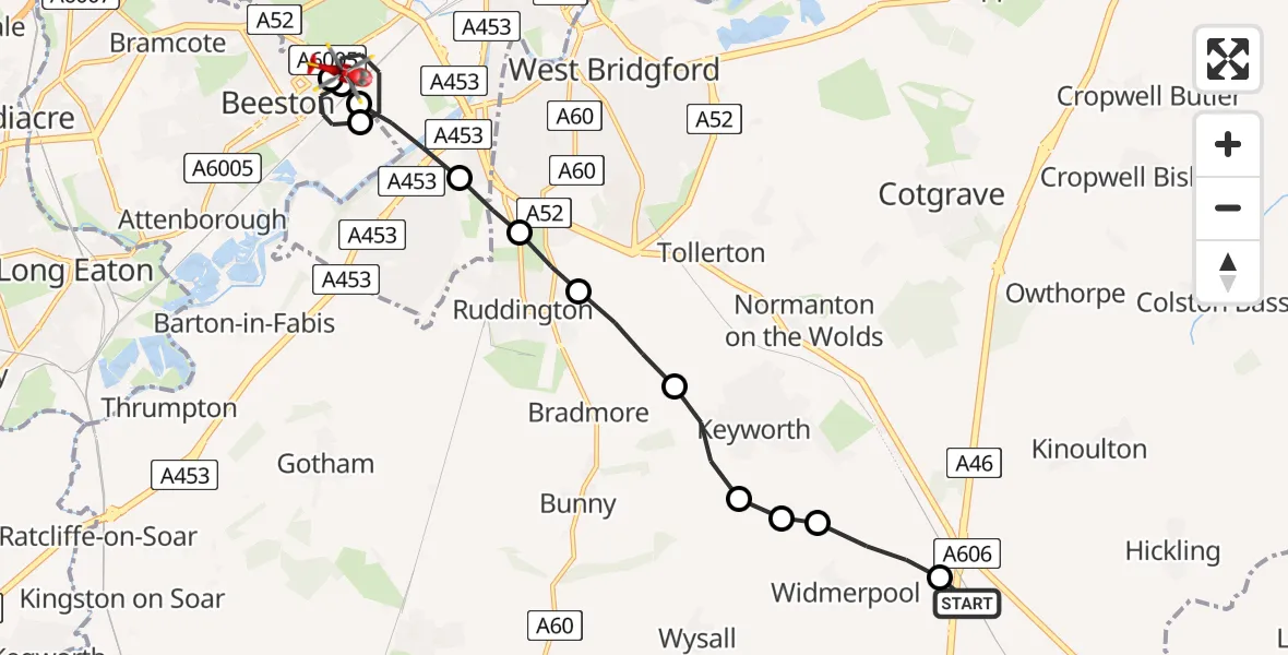 Flight route Air Ambulance Helicopter Rushcliffe - City of Nottingham, 18 July 2026, 15:29