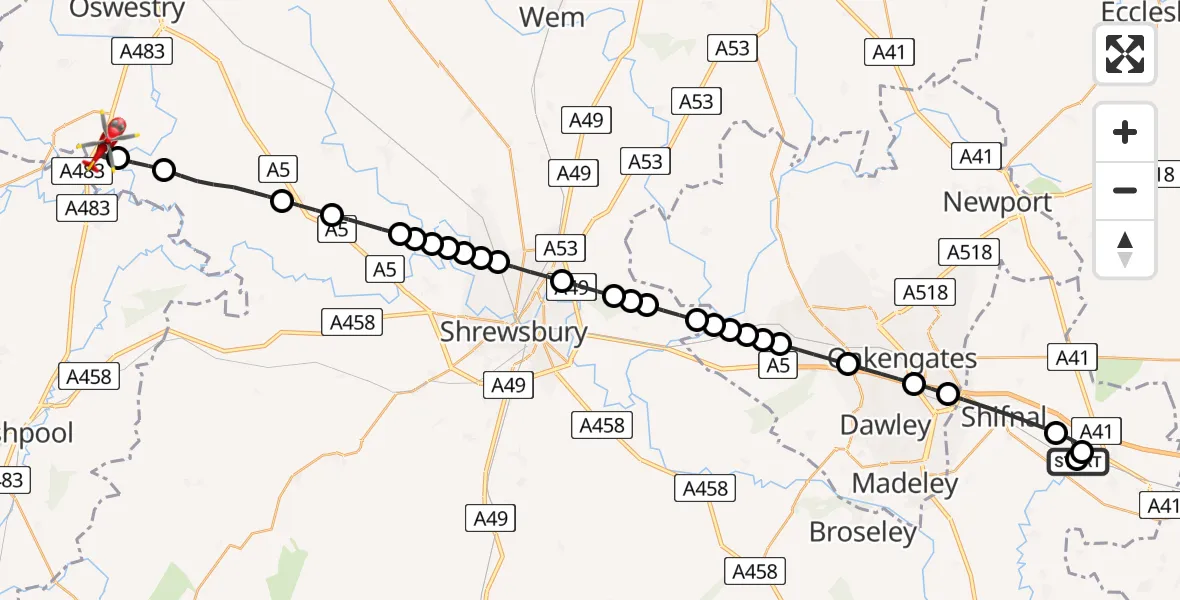 Flight route Air Ambulance Helicopter RAF Cosford - Pant, 18 July 2026, 15:29